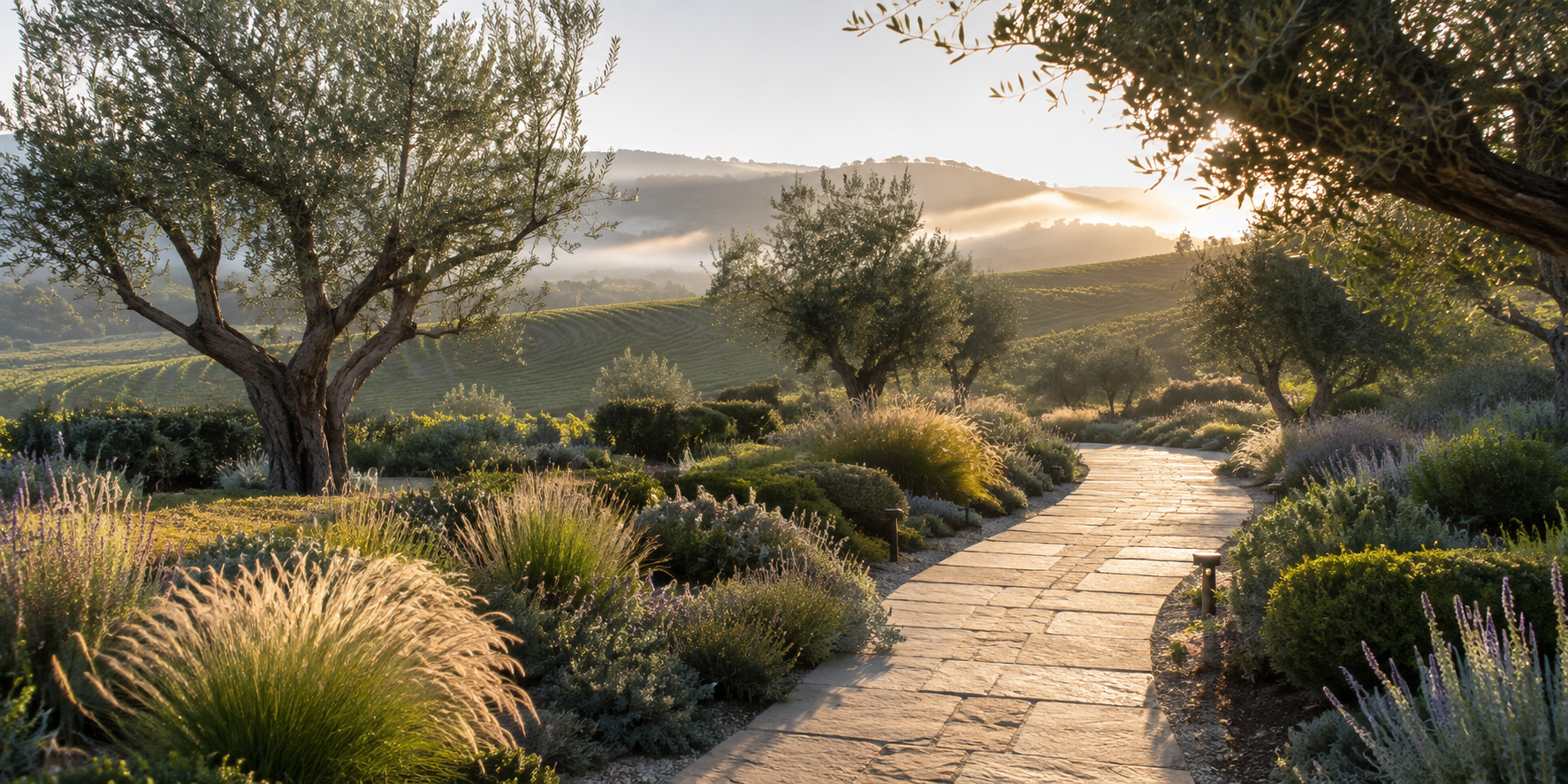 Refined Wine Country garden with olive trees and a stone path